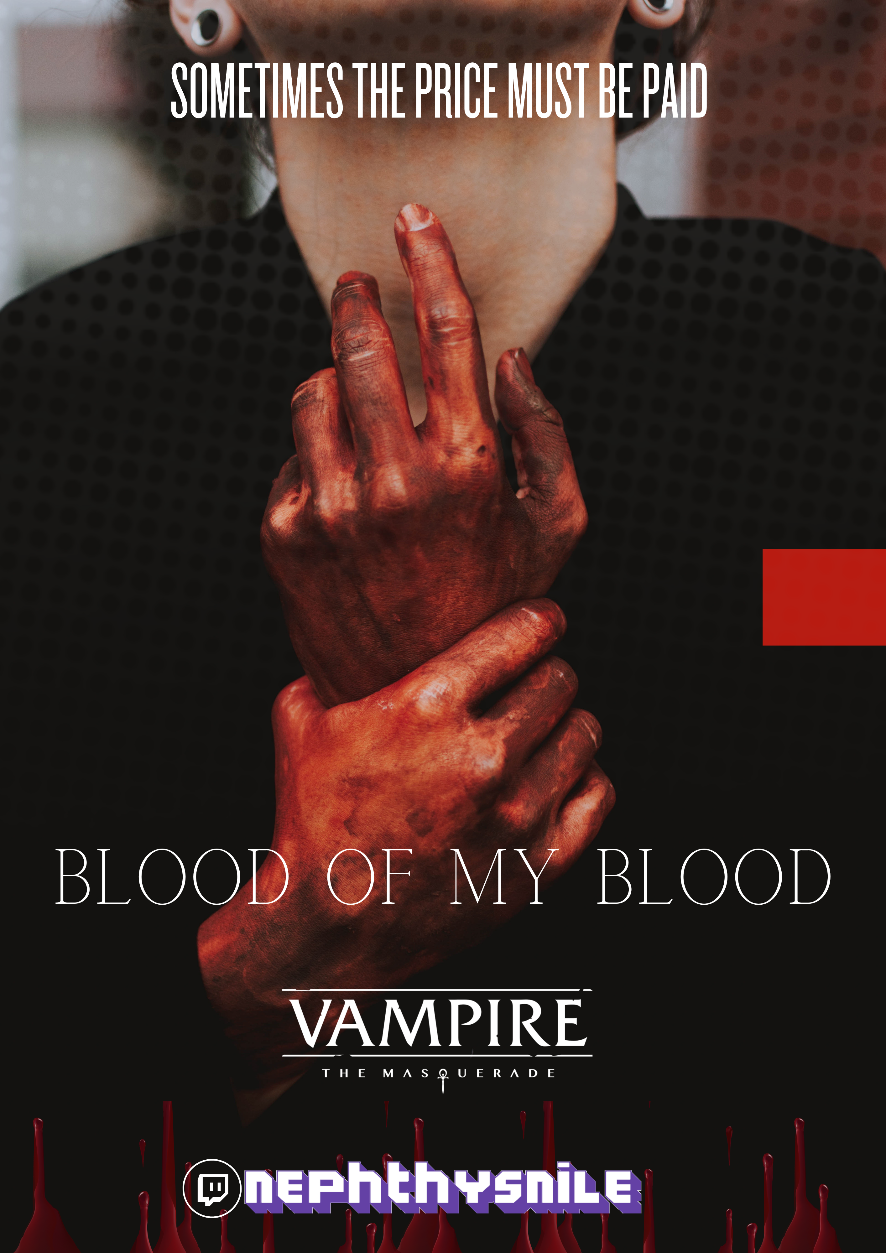 Blood of My Blood. A woman dressed in dark colours stands holding her hands to her neck, both covered in blood.