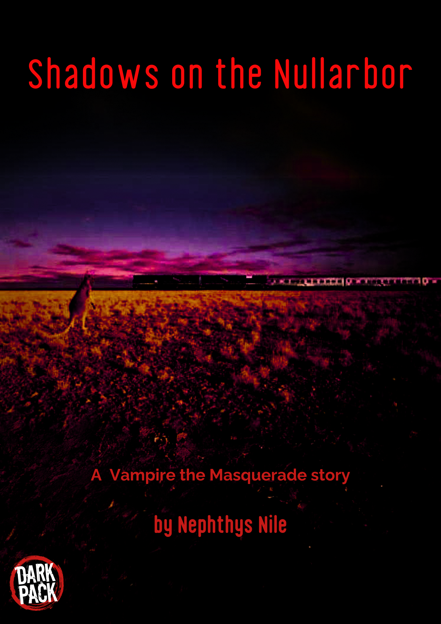 Shadows on the Nullarbor. A dark Australian landscape with a train in the background, a kangaroo watches as it stands on sand and scrub.